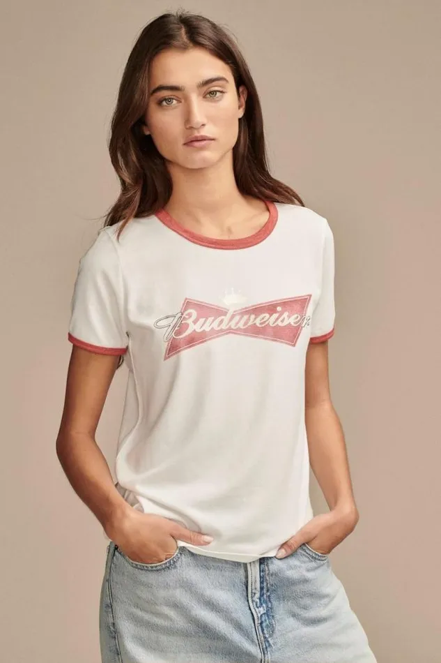 Women Lucky Brand Graphic Tees Budweiser Ringer Classic Crew Bright White