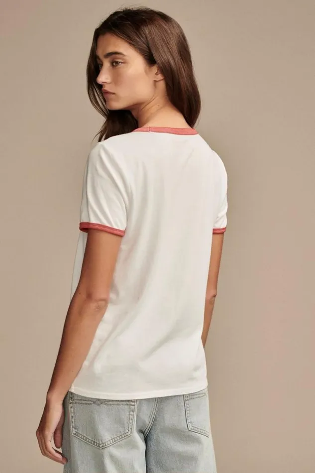 Women Lucky Brand Graphic Tees Budweiser Ringer Classic Crew Bright White