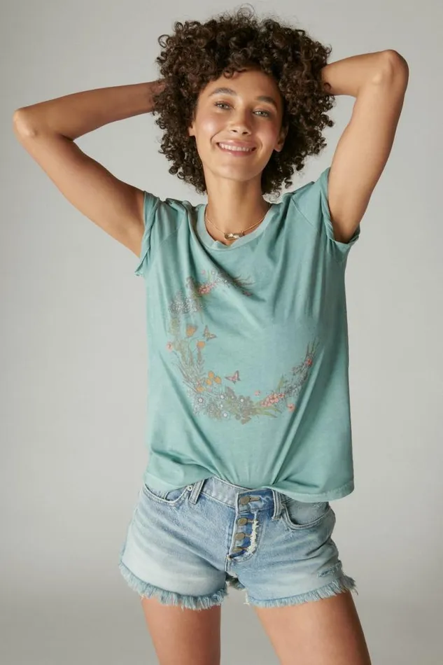 Women Lucky Brand Graphic Tees Flower Moon Classic Crew Trellis