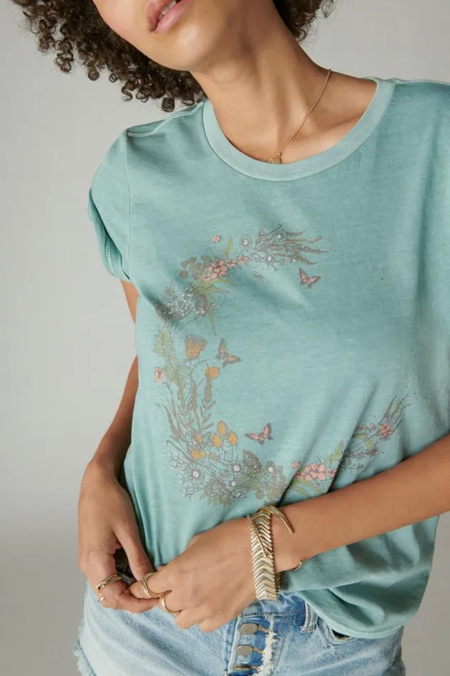 Women Lucky Brand Graphic Tees Flower Moon Classic Crew Trellis