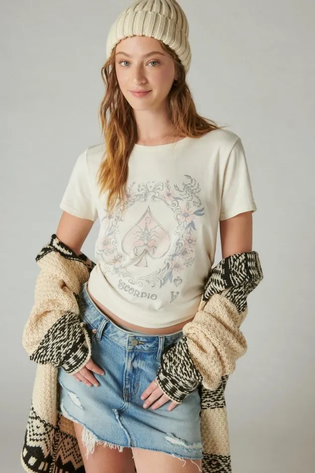 Women Lucky Brand Graphic Tees Scorpio Classic Crew Pearled Ivory