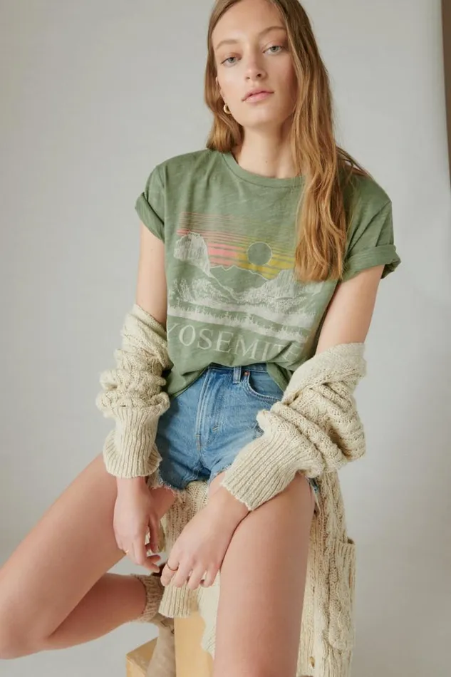 Women Lucky Brand Graphic Tees Yosemite Boyfriend Tee Army Green