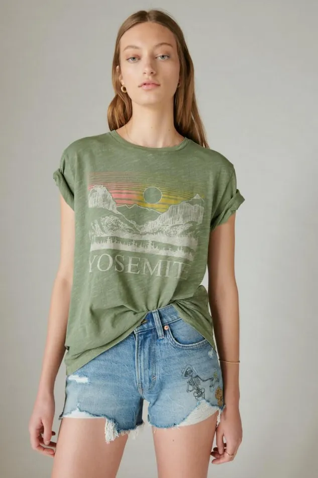 Women Lucky Brand Graphic Tees Yosemite Boyfriend Tee Army Green