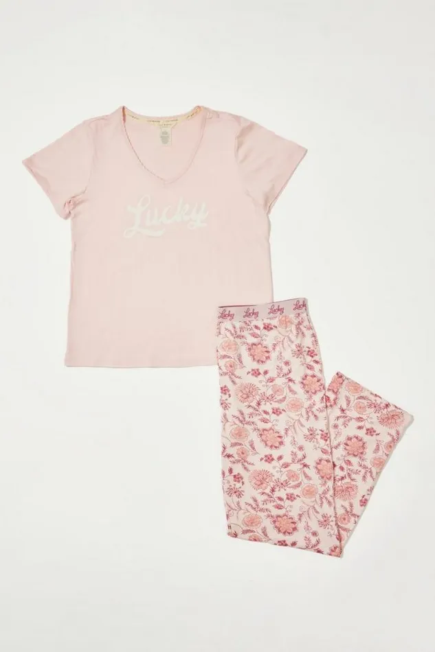 Women Lucky Brand Intimates and Sleepwear Graphic V Neck Tee W Logo Waistband Pant Set Coral Pink
