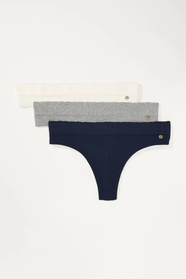 Women Lucky Brand Intimates and Sleepwear Ribbed Thong 3 Pk Dark Blue