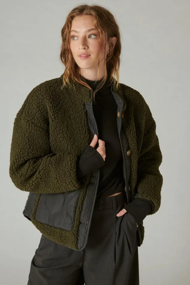 Women Lucky Brand Jackets and Outerwear Reversible Mixed Media Faux Shearling Jacket Olive Multi