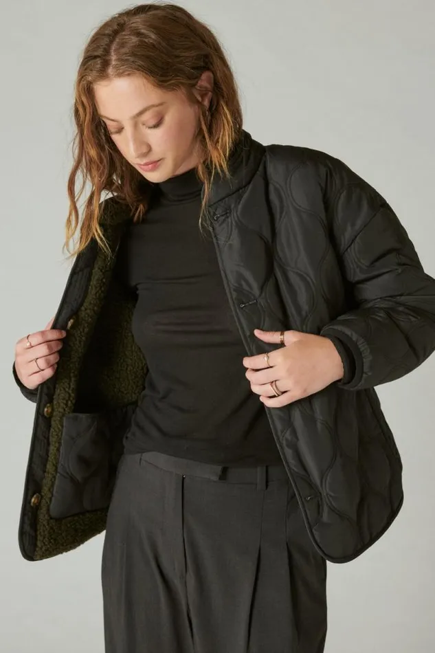 Women Lucky Brand Jackets and Outerwear Reversible Mixed Media Faux Shearling Jacket Olive Multi