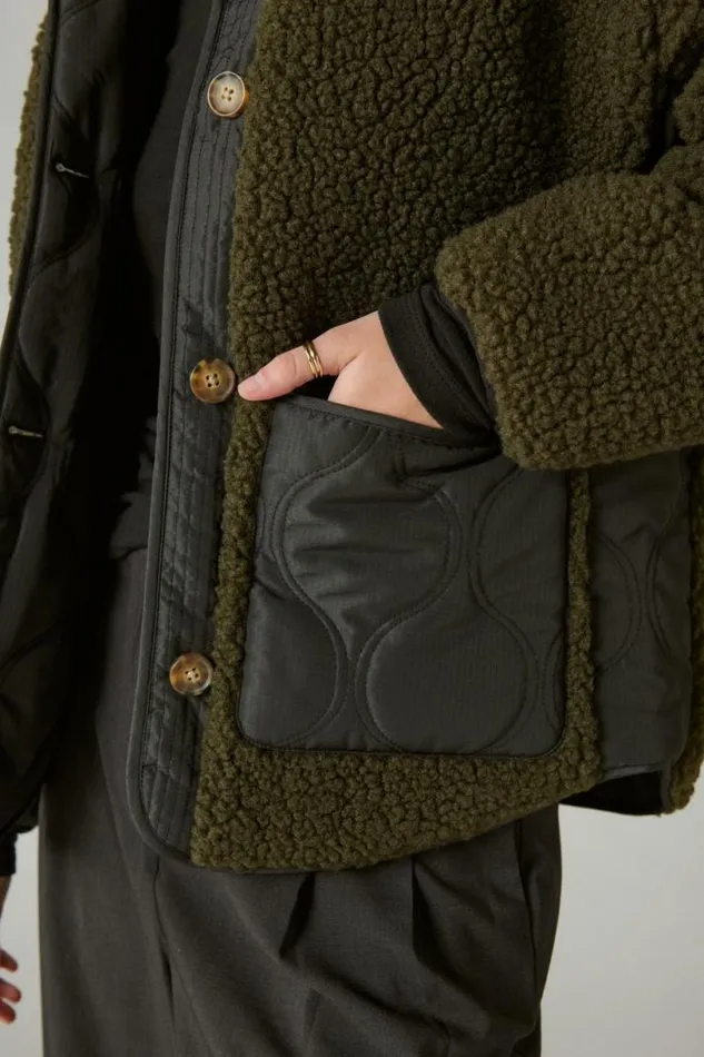Women Lucky Brand Jackets and Outerwear Reversible Mixed Media Faux Shearling Jacket Olive Multi