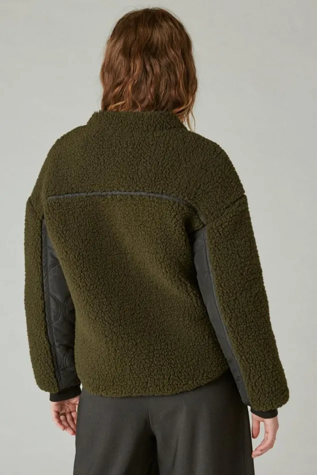 Women Lucky Brand Jackets and Outerwear Reversible Mixed Media Faux Shearling Jacket Olive Multi