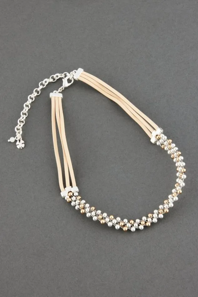 Women Lucky Brand Jewelry Leather And Beaded Choker Necklace Two Tone