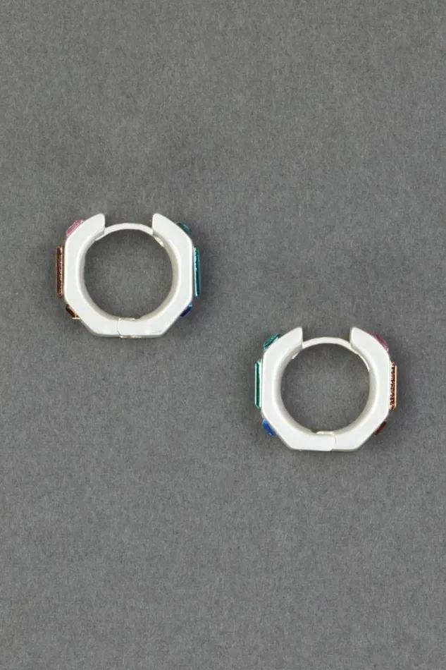Women Lucky Brand Jewelry Multi Color Stone Huggie Hoop Earring Silver