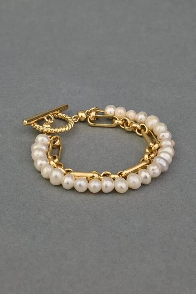 Women Lucky Brand Jewelry Pearl Chain Layer Toggle Bracelet Gold