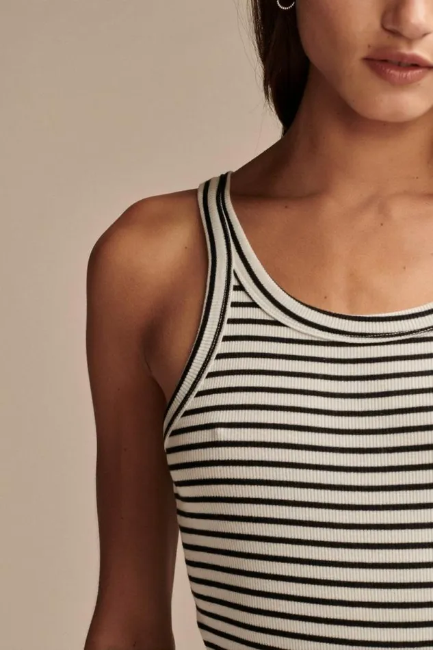 Women Lucky Brand Knit Tops Ribbed Essential Tank White Black Stripe