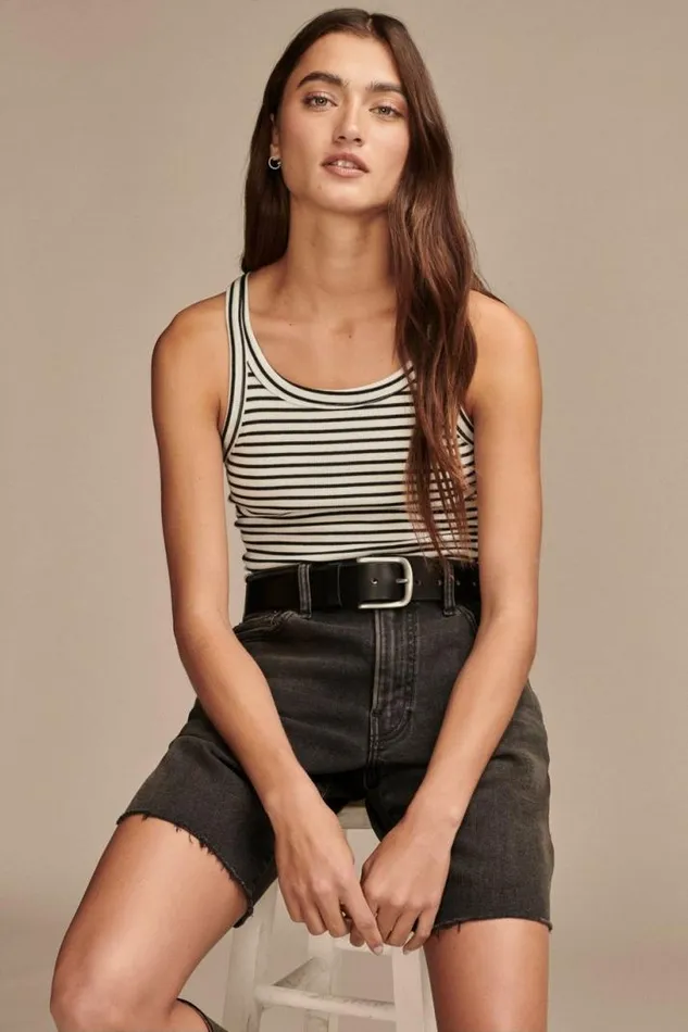 Women Lucky Brand Knit Tops Ribbed Essential Tank White Black Stripe