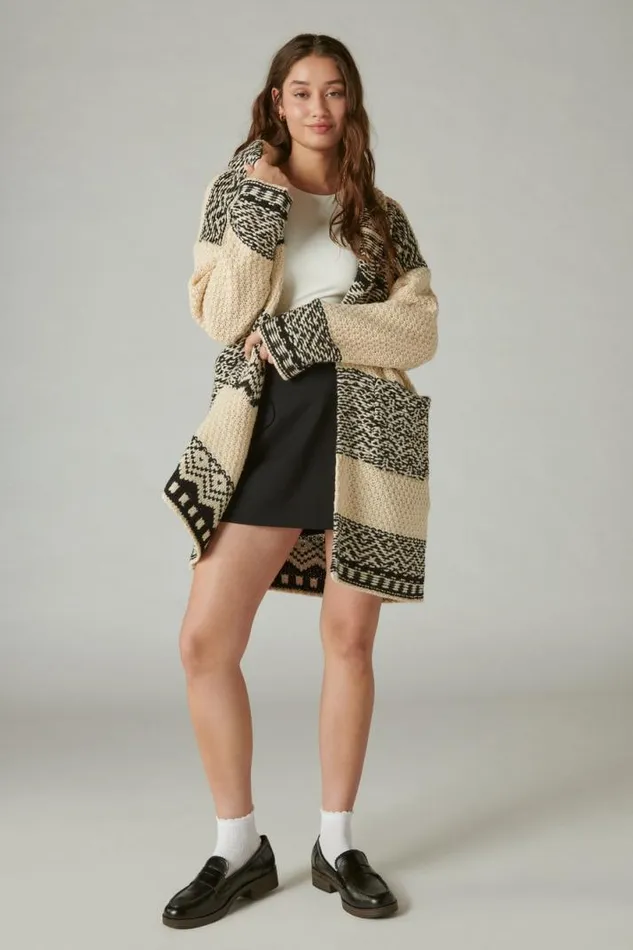 Women Lucky Brand Sweaters and Sweatshirts Fairisle Coatigan Egret Combo