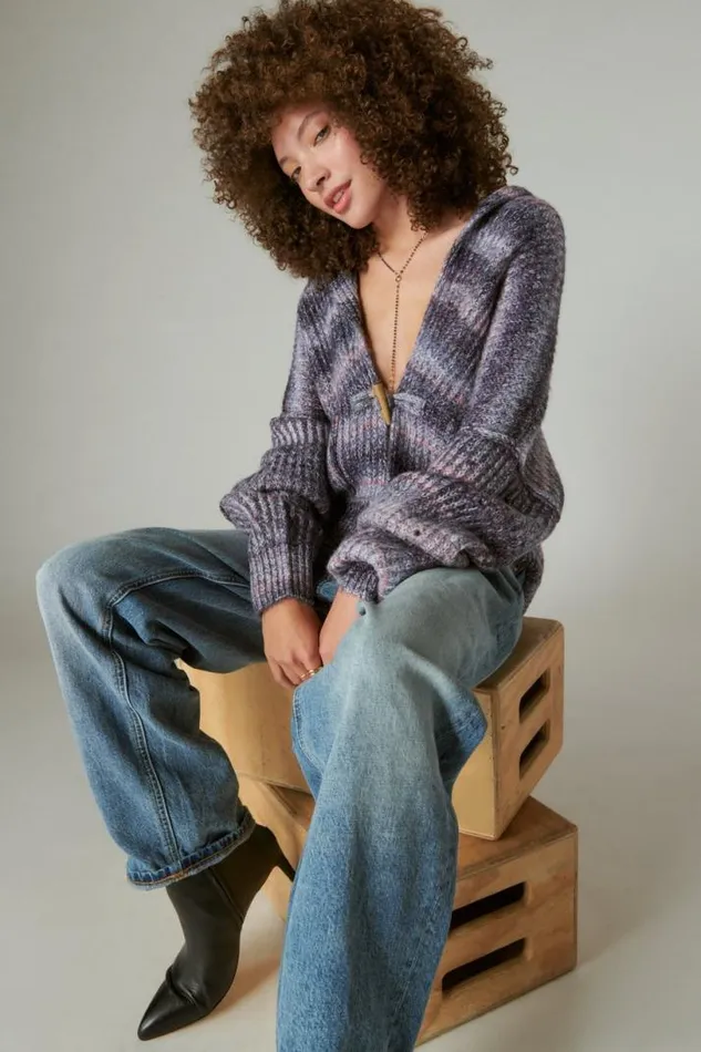 Women Lucky Brand Sweaters and Sweatshirts Toggle Front Spacedye Cardigan Berry Conserve Multi