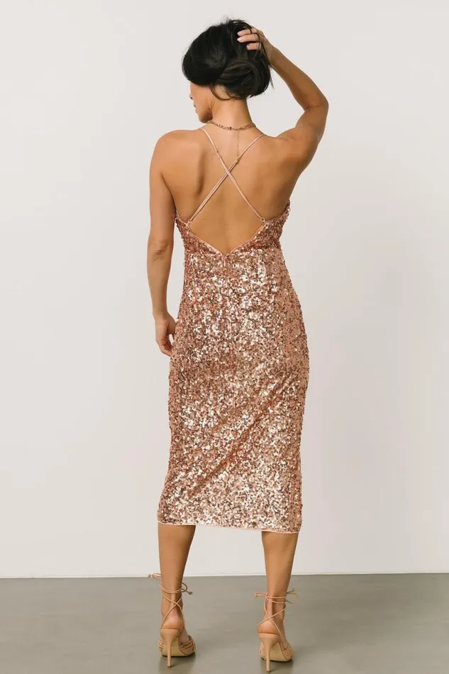 Women Madi Sequin Midi Dress Rose Gold Baltic Born Embellished and Sequined Women Madi Sequin Midi Dress Rose Gold Baltic Born Embellished and Sequined