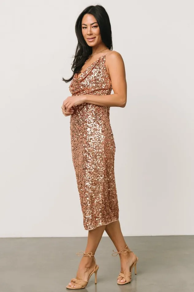 Women Madi Sequin Midi Dress Rose Gold Baltic Born Embellished and Sequined Women Madi Sequin Midi Dress Rose Gold Baltic Born Embellished and Sequined