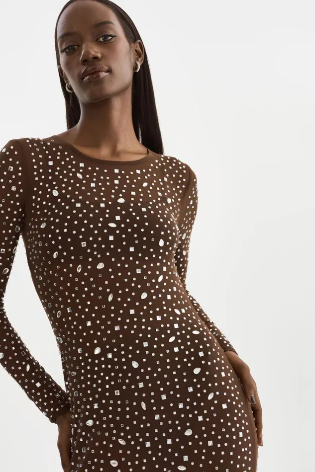 Women MARET Rhinestone Mesh Dress Espresso LAMARQUE Dresses
