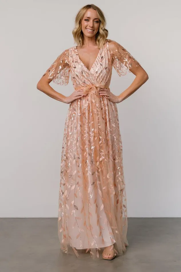 Women Marseille Embossed Maxi Dress Rose Gold Sequin Baltic Born Embellished and Sequined