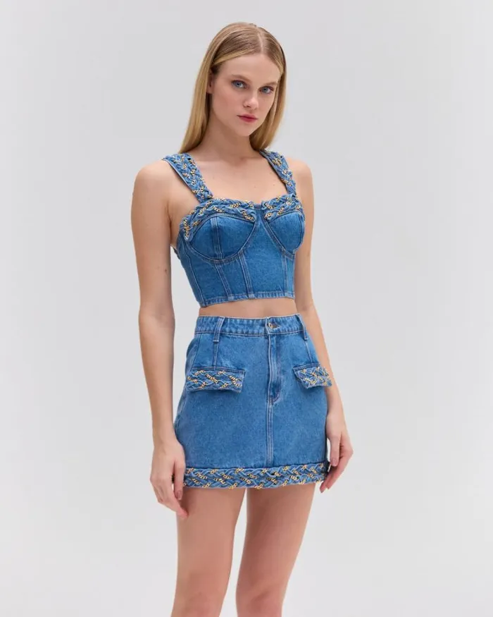 Women Matching Sets PatBO Braided Denim Cropped Top Denim