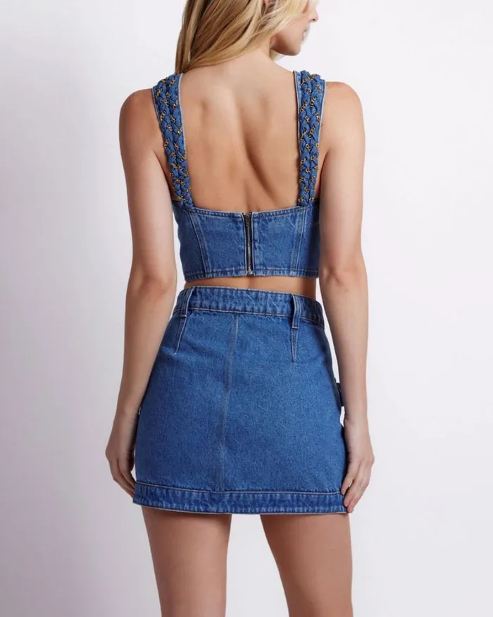 Women Matching Sets PatBO Braided Denim Cropped Top Denim