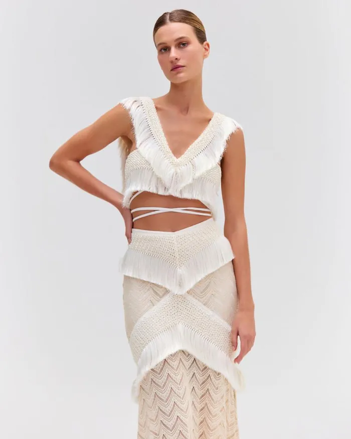 Women Matching Sets PatBO Fringe Trim Maxi Skirt Sandstone
