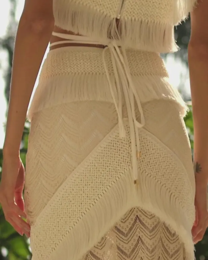Women Matching Sets PatBO Fringe Trim Maxi Skirt Sandstone