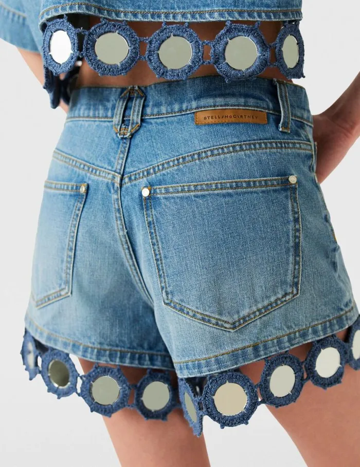 Women Mirror Crochet HighRise Shorts Light Blue Vintage Denim Stella McCartney Pants And Shorts