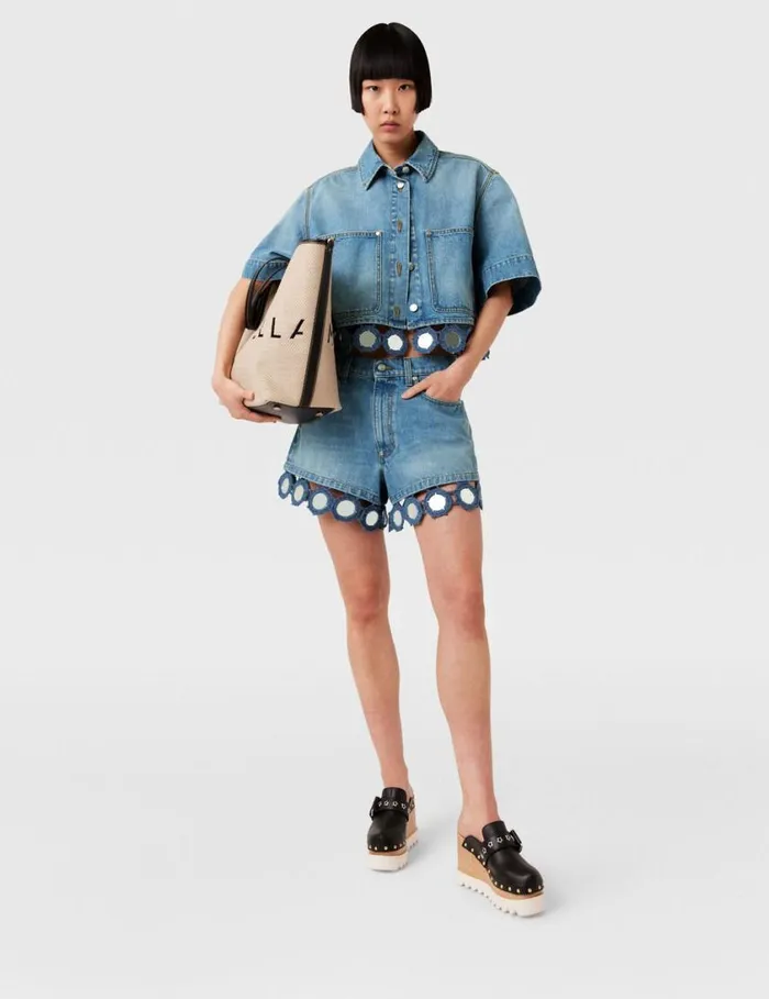 Women Mirror Crochet HighRise Shorts Light Blue Vintage Denim Stella McCartney Pants And Shorts