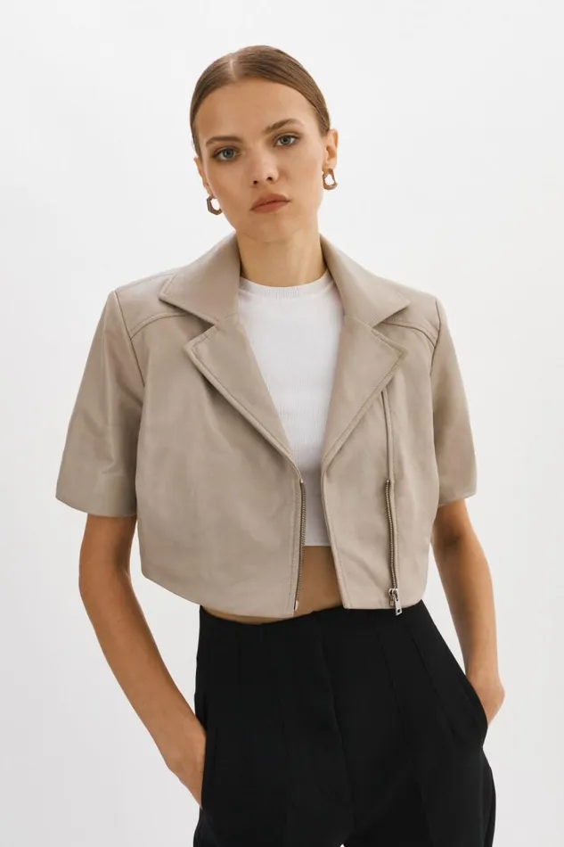 Women Naeva Cropped Leather Jacket Stone 23 LAMARQUE Biker Jackets
