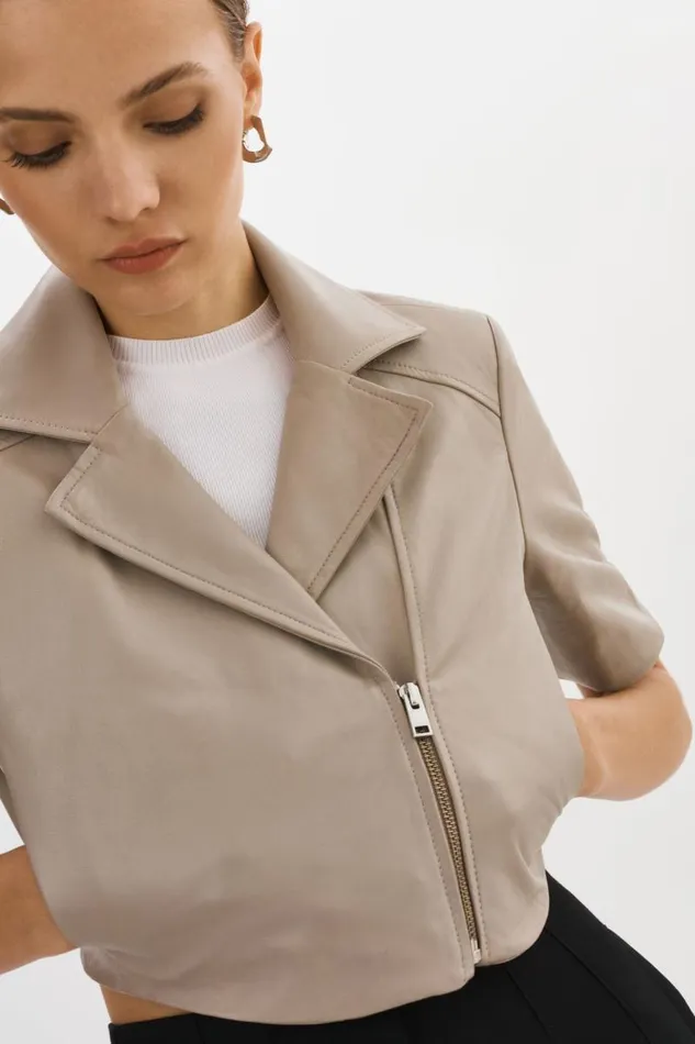 Women Naeva Cropped Leather Jacket Stone 23 LAMARQUE Biker Jackets Women Naeva Cropped Leather Jacket Stone 23 LAMARQUE Biker Jackets