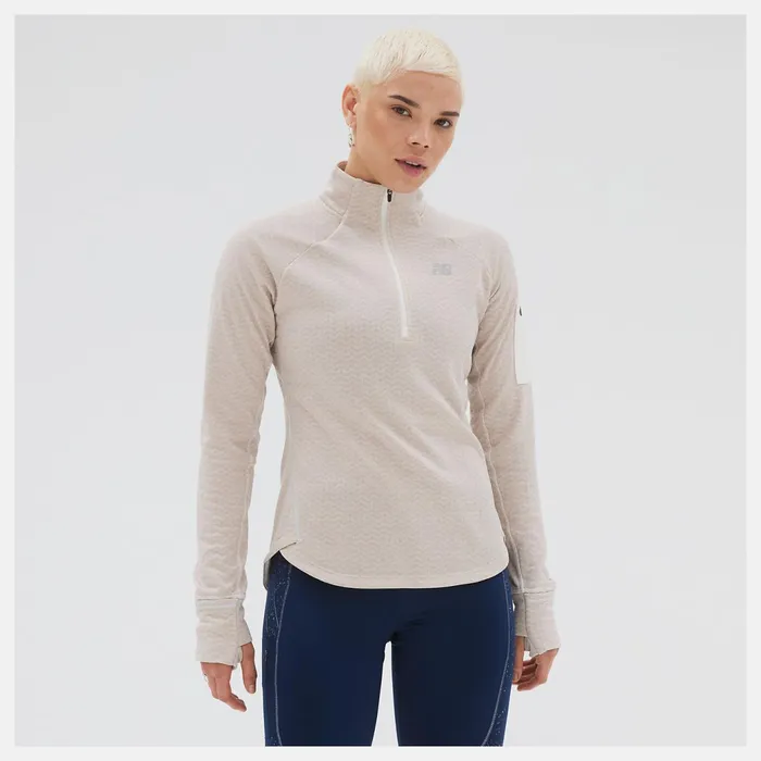 Women NB Heat Grid Half Zip Sea Salt Heather New Balance Hoodies and Sweatshirts