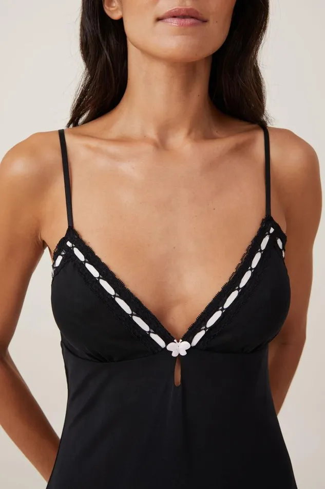 Women Nighties Cotton On Mesh Frill Hem Slip Black