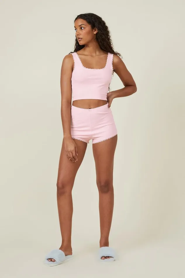Women Pajamas Cotton On Rib Lace Short Blushing Bride