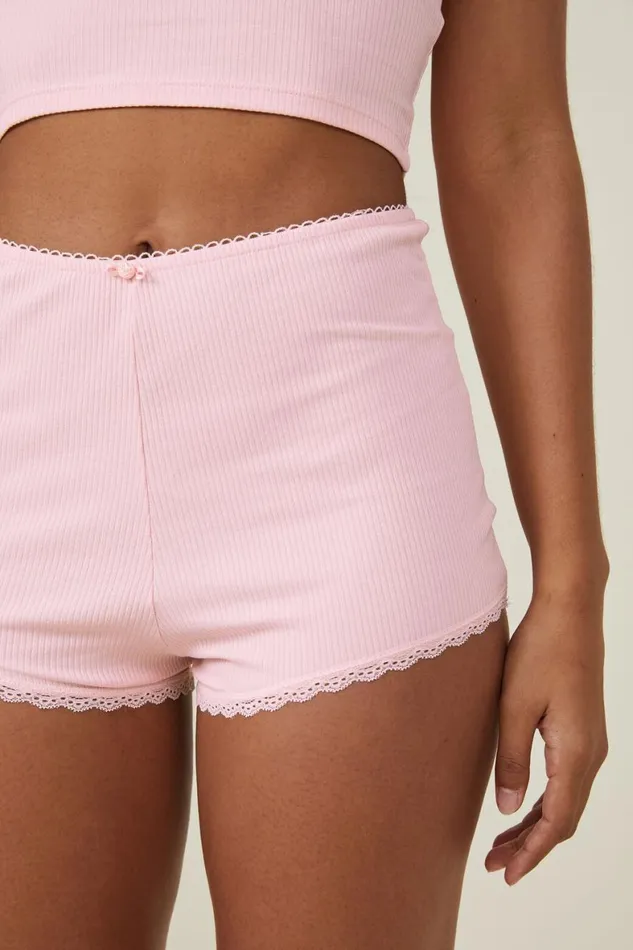 Women Pajamas Cotton On Rib Lace Short Blushing Bride