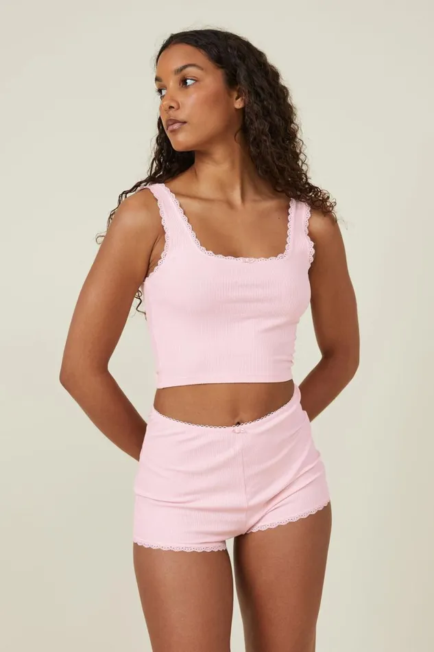 Women Pajamas Cotton On Rib Lace Short Blushing Bride