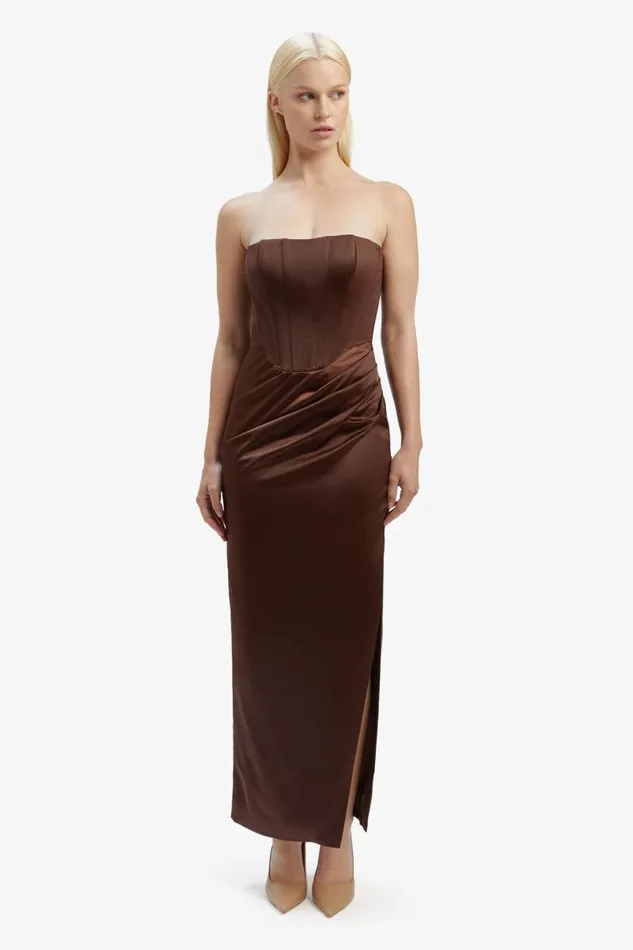 Women Party Dresses Bardot Everlasting Satin Midi Dress In Chocolate Chocolate Women Party Dresses Bardot Everlasting Satin Midi Dress In Chocolate Chocolate