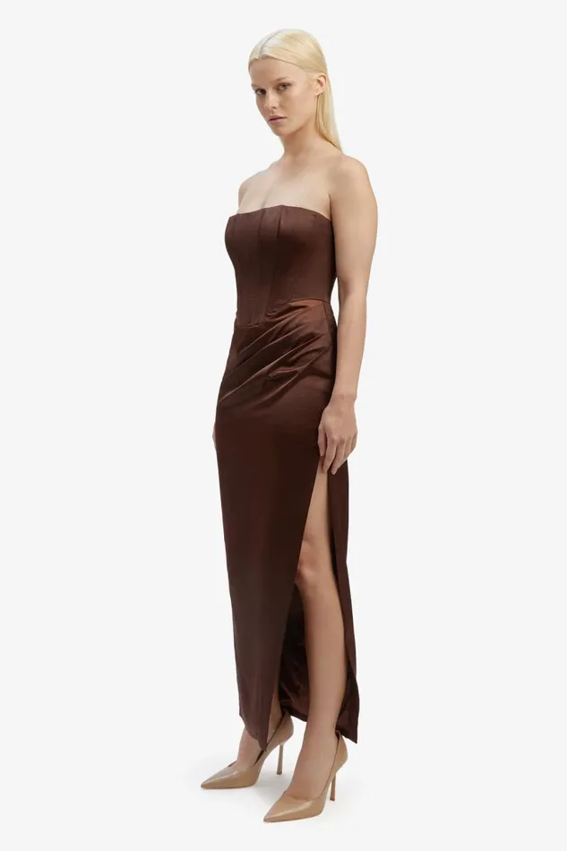 Women Party Dresses Bardot Everlasting Satin Midi Dress In Chocolate Chocolate Women Party Dresses Bardot Everlasting Satin Midi Dress In Chocolate Chocolate