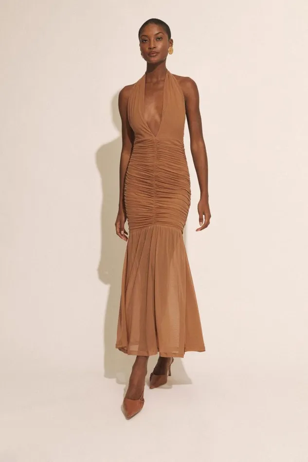 Women Party Dresses Bardot Sephera Halter Mesh Midi Dress In Chestnut Chestnut