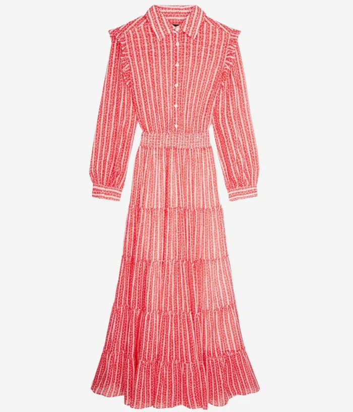 Women Red And White Floral Print Long Dress With Ruffles THE KOOPLES Dresses and Jumpsuits