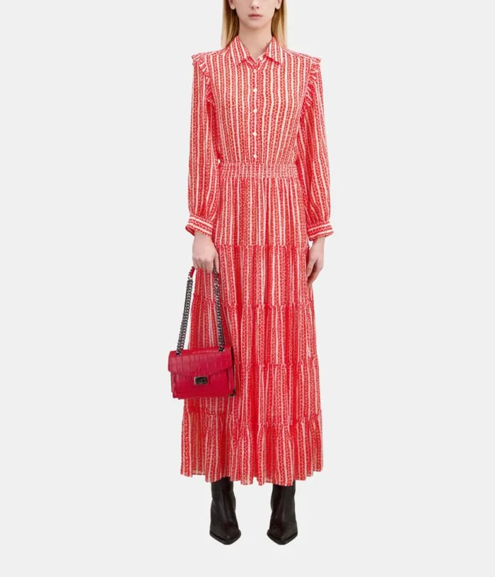 Women Red And White Floral Print Long Dress With Ruffles THE KOOPLES Dresses and Jumpsuits