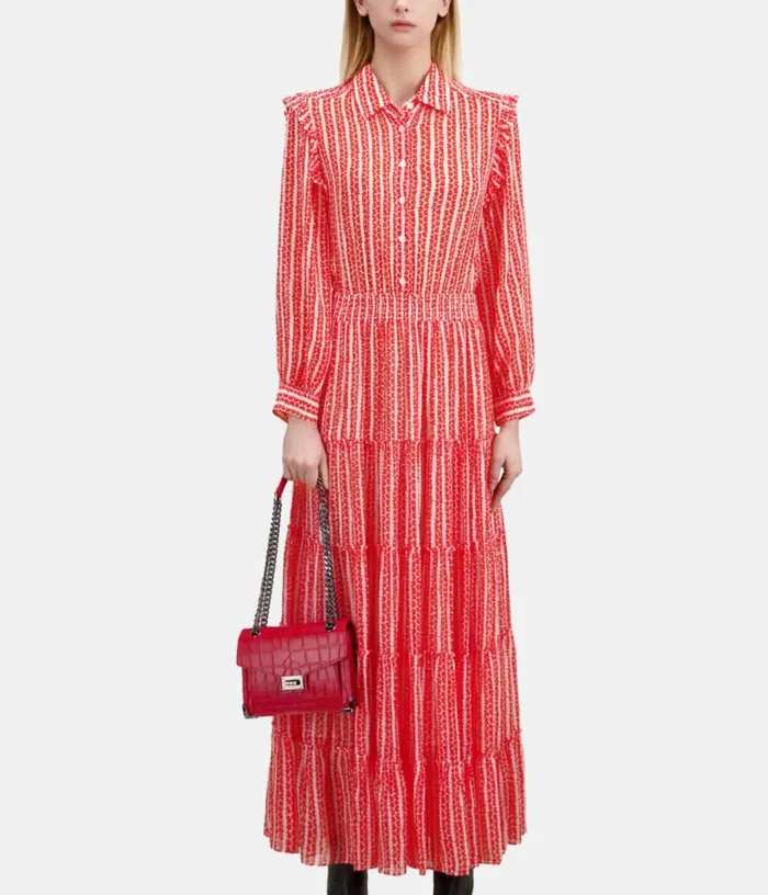 Women Red And White Floral Print Long Dress With Ruffles THE KOOPLES Dresses and Jumpsuits