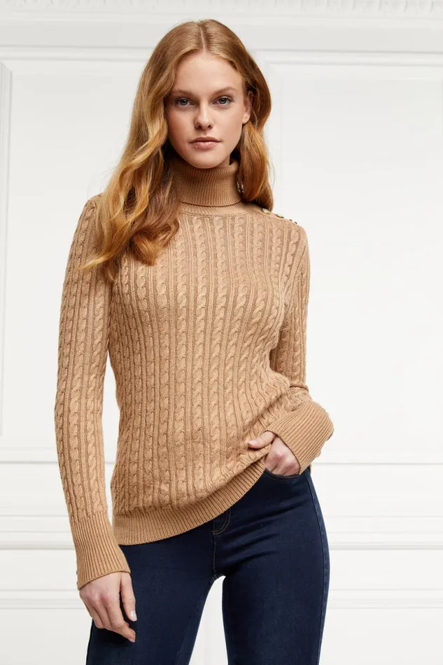 Women Seattle Roll Neck Cable Knit Dark Camel Marl Holland Cooper Knitwear