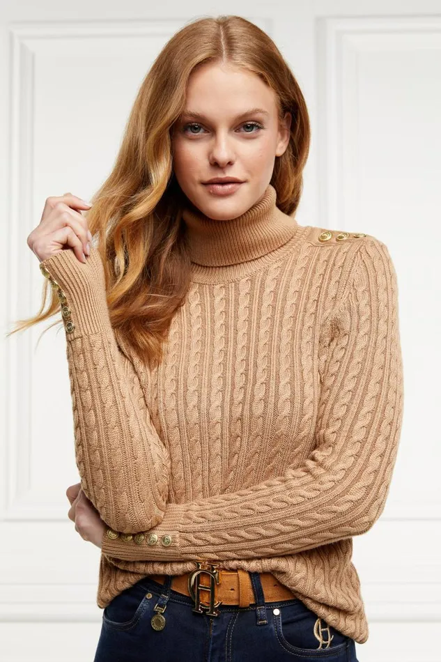 Women Seattle Roll Neck Cable Knit Dark Camel Marl Holland Cooper Knitwear