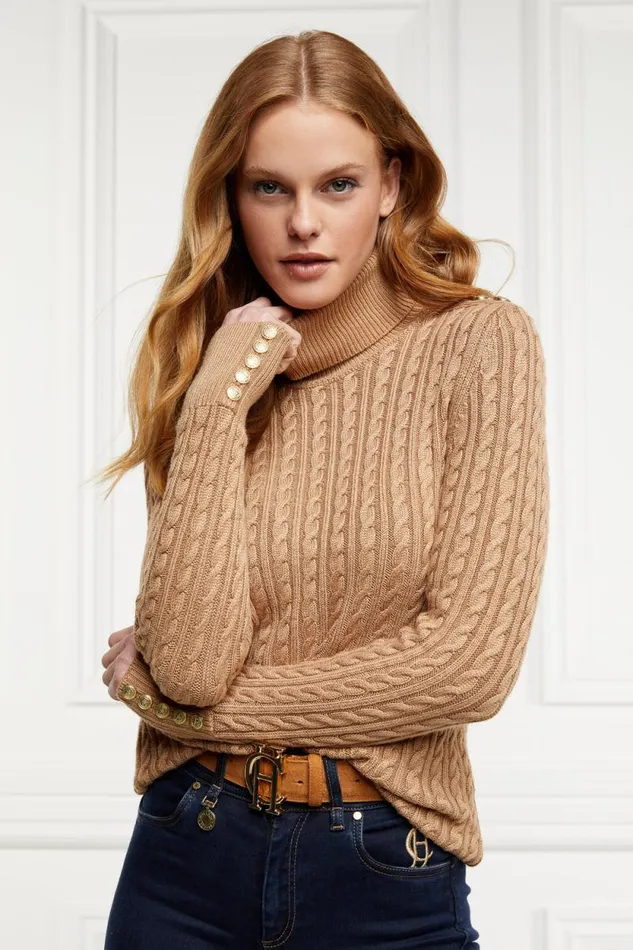 Women Seattle Roll Neck Cable Knit Dark Camel Marl Holland Cooper Knitwear
