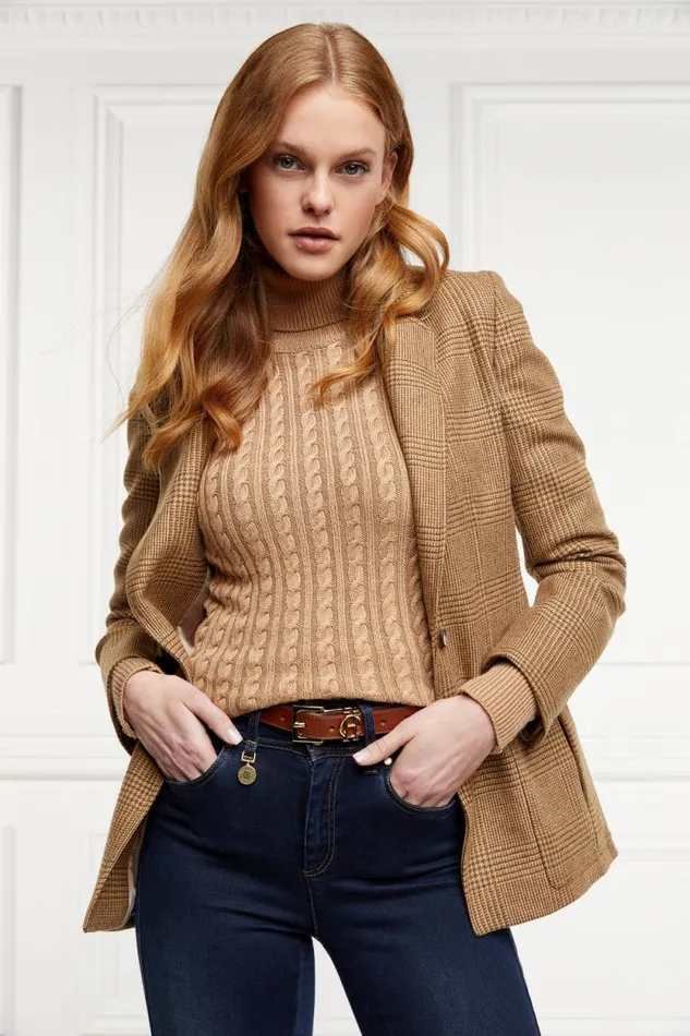 Women Seattle Roll Neck Cable Knit Dark Camel Marl Holland Cooper Knitwear