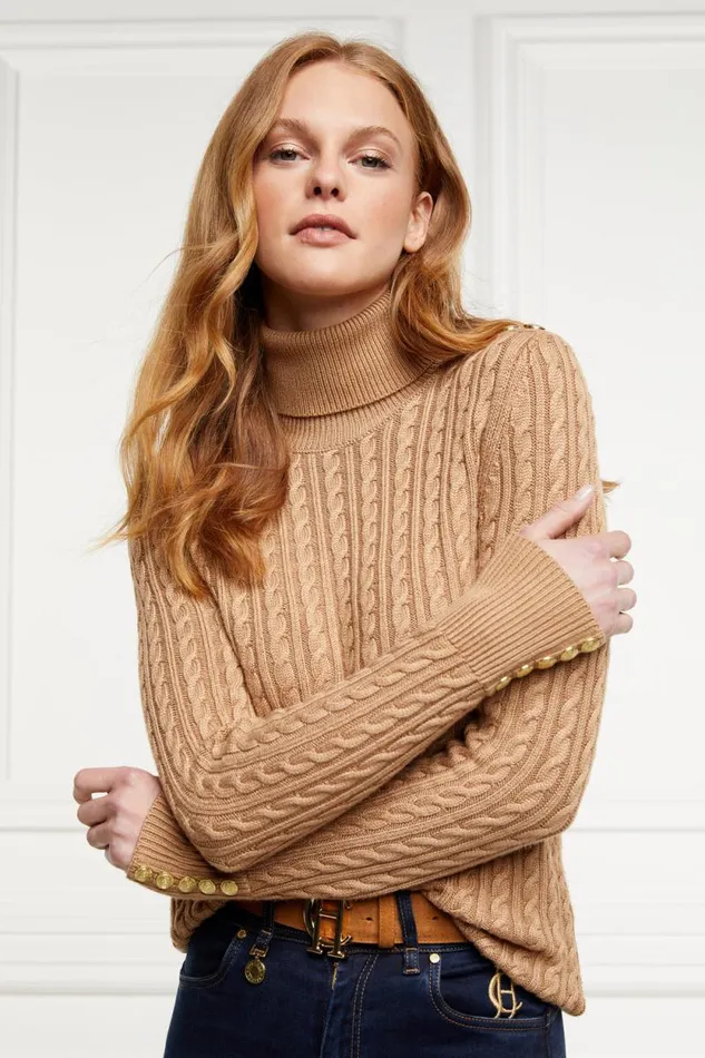 Women Seattle Roll Neck Cable Knit Dark Camel Marl Holland Cooper Knitwear