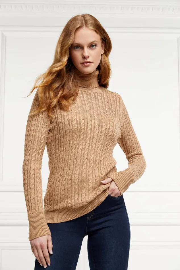 Women Seattle Roll Neck Cable Knit Dark Camel Marl Holland Cooper Knitwear