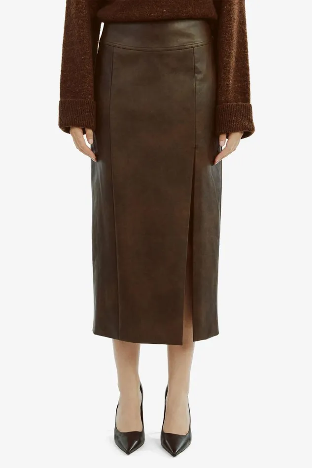 Women Skirts Bardot Dante Vegan Leather Midi Skirt In Dark Chocolate Dark Chocolate